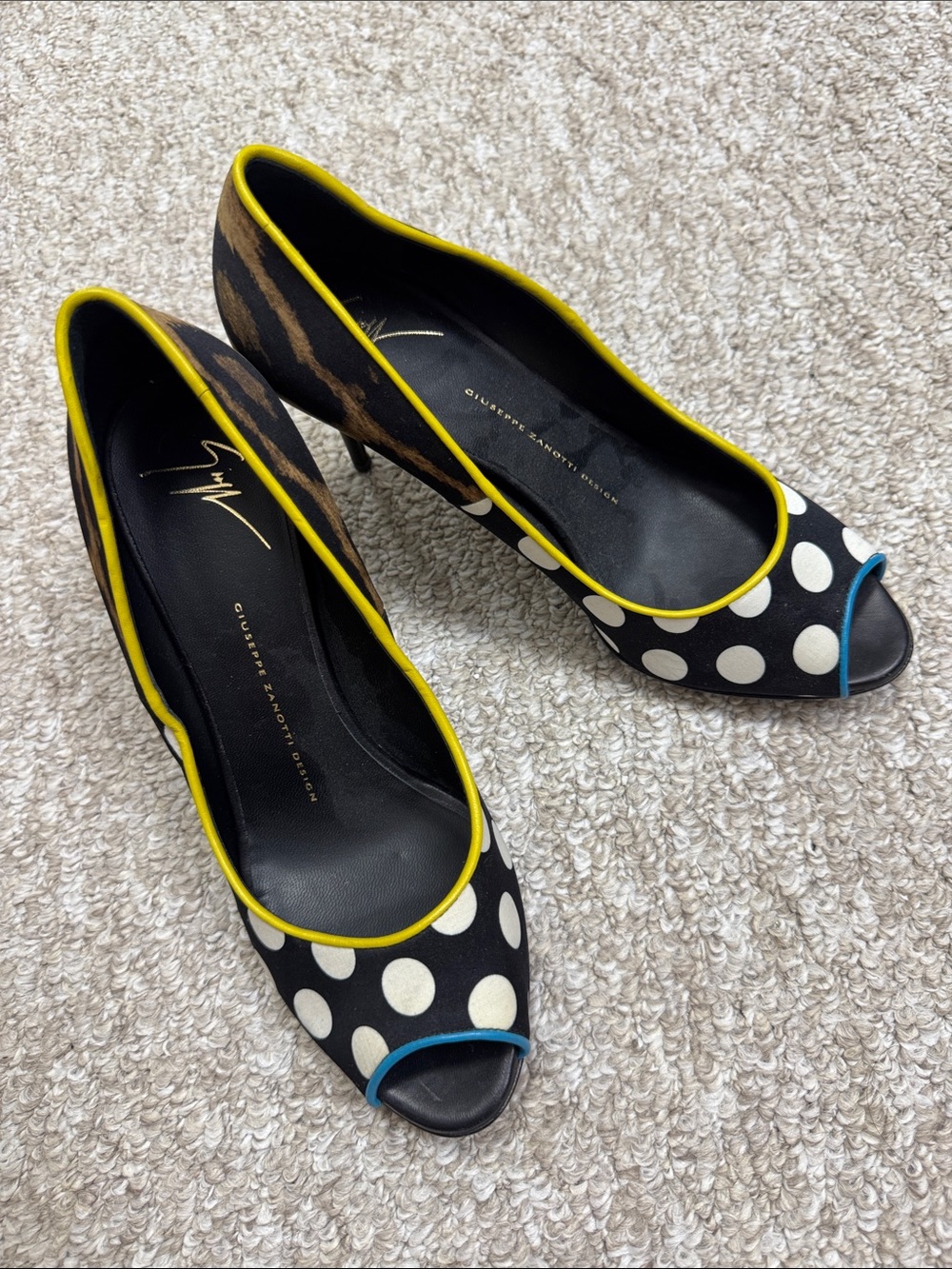 Giuseppe Zanotti Black Polka Dot Peep-Toe Pumps with Yellow Trim and Blue Accent
